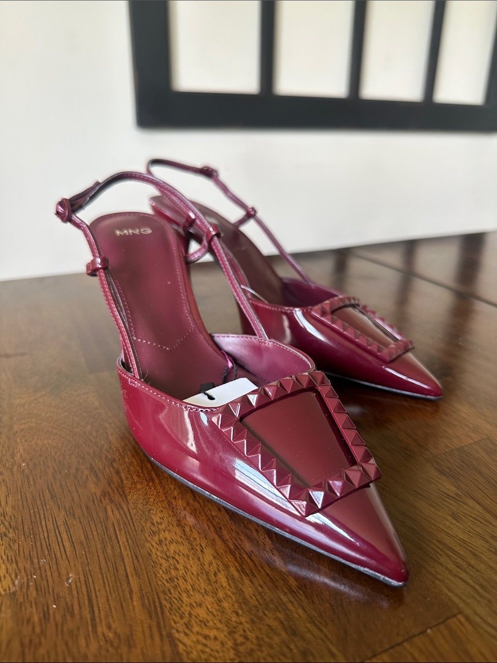 Mango Wine Red Patent Pointed Slingback Pumps with Studded Buckle
